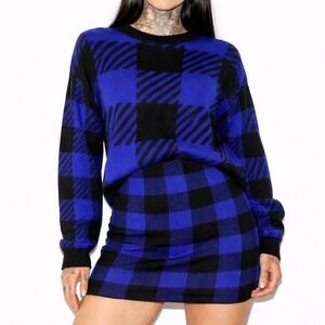 90s Vintage Plaid Sweater Womens S Blue Black Acrylic Knit Checkered Pullover 6